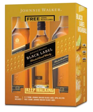 Johnnie Walker Black Label Scotch Whisky 2X700ml plus 1X200ml FREE - Gift Boxed