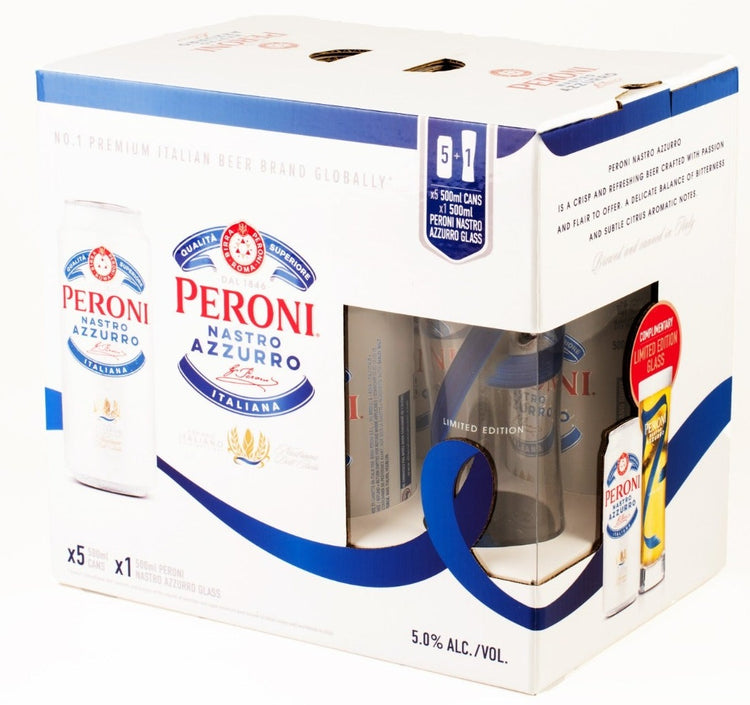 Peroni Nastro Azzurro Gift Pack (5X500ml cans plus FREE Limited Edition glass)